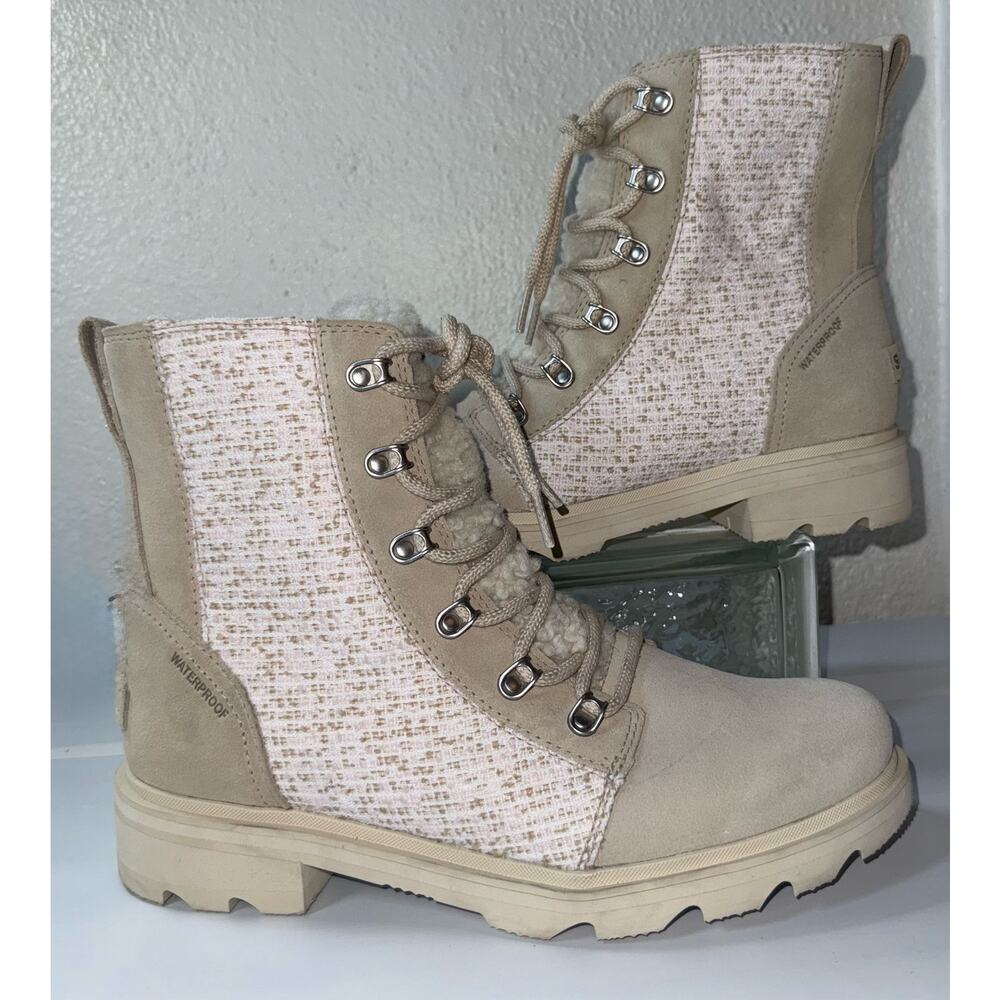 SOREL Lennox Cozy Moto Boots Sz 10.5 Shearling Lined Beige Suede Tweed Combat - Picture 2 of 9